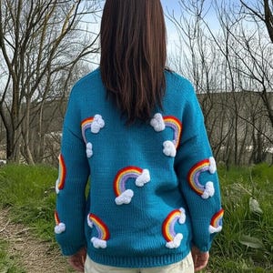 Rainbow Cardigan Long Chunky Knit Sweater for Women, Handmade Rainbow Shaped Black Sweater, Cozy Warm Colorful Cardigan