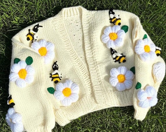 Handmade Knit Flowers Crop Cardigan,chunky Bee Daisy Sweater Handmade Knit Flowers Crop Cardigan,chunky Bee Daisy Sweater