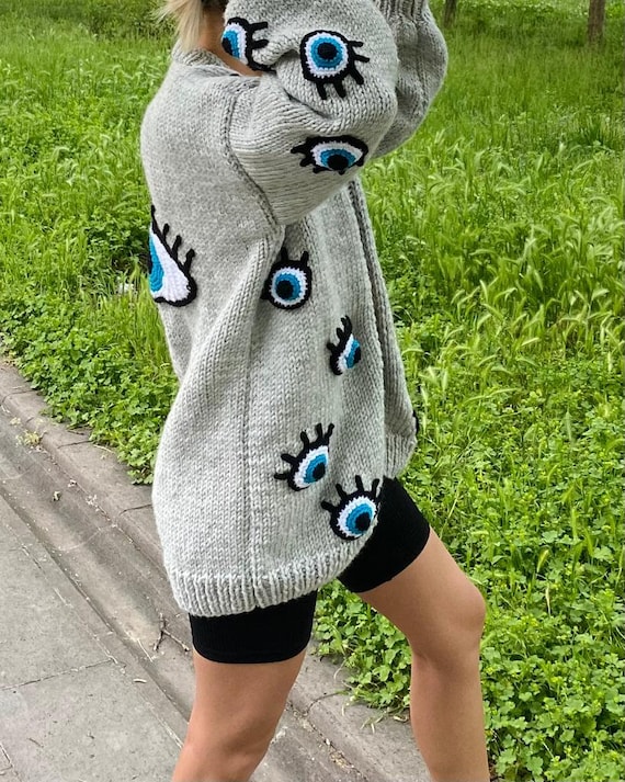 Long Eye Cardigan for Women,eye Shaped-pattern,handmade Knit