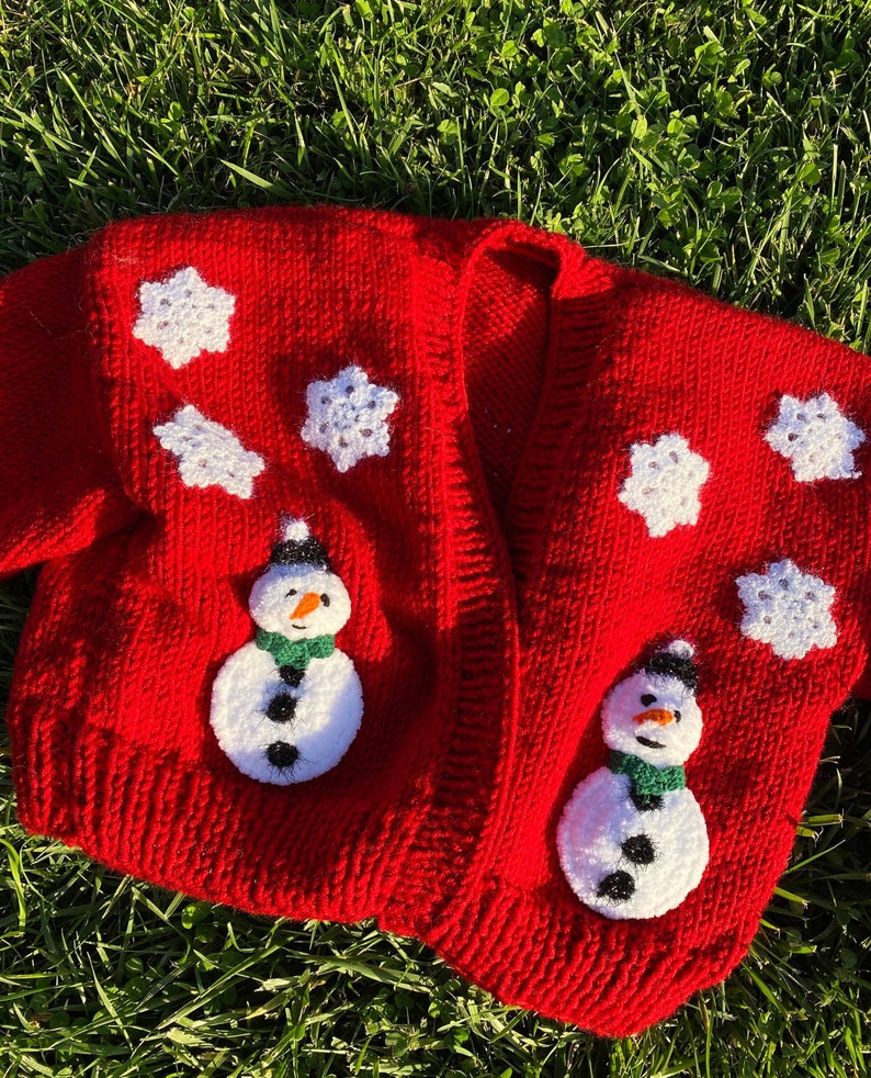 Snowman Cardigan,Christmas Gift,Handmade Snowman and Pine Tree Crop Cardigan For Women,Santa Claus,Red Crochet Christmas Fancy image 4
