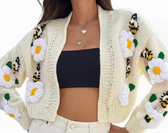 Handmade Knit Flowers Crop Cardigan,Chunky bee daisy sweater,Crochet Crop Jacket