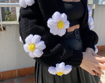 Handmade Daisy Cardigan: Chunky Knit Crop Sweater,Crochet Floral Jacket