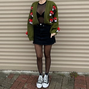 Mushroom Pattern Cardigan For Women | Cottagecore Sweater | Hand-Knitted Crop Top,Crop Crochet Jacket