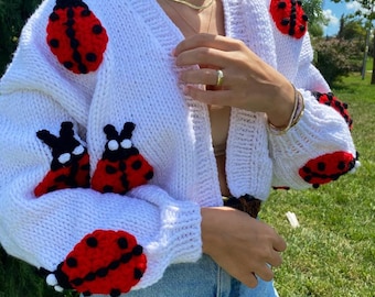 Handmade Ladybug Cardigan: 3D Crochet White Chunky Knit Sweater,Knitted cardigan For Women