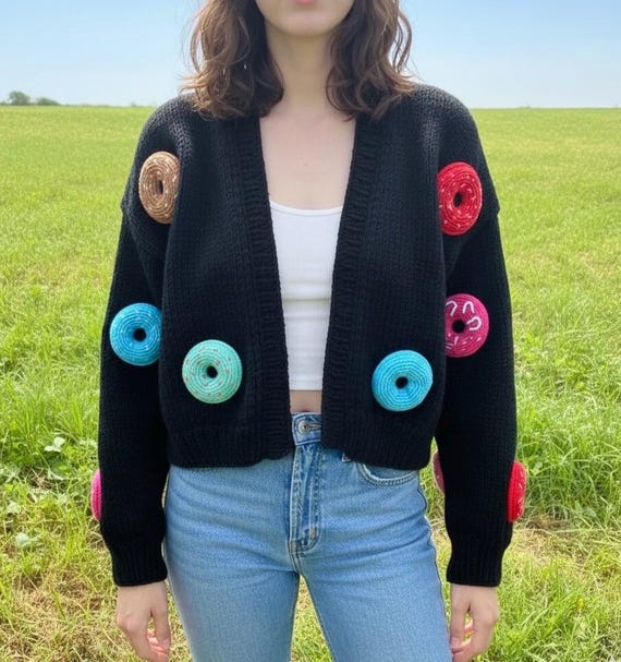 Handmade Donut Cardigan: Black Knitted Crop Sweater - Etsy