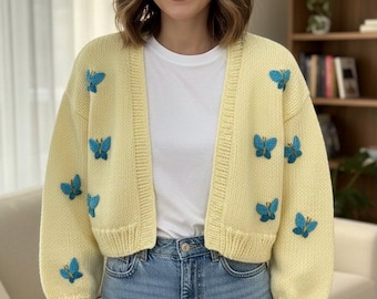 Handmade Cardigan For Women,Crochet Butterfly Sweater,Cream Color Crop Jacket