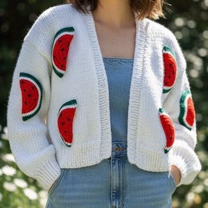 Fruitig vest voor dames, handgemaakte gebreide watermeloentrui, gehaakt jack met fruitpatroon