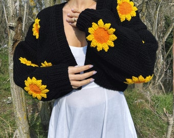 Handmade Crochet Sunflower Pattern Cardigan,boho Pullover Chunky