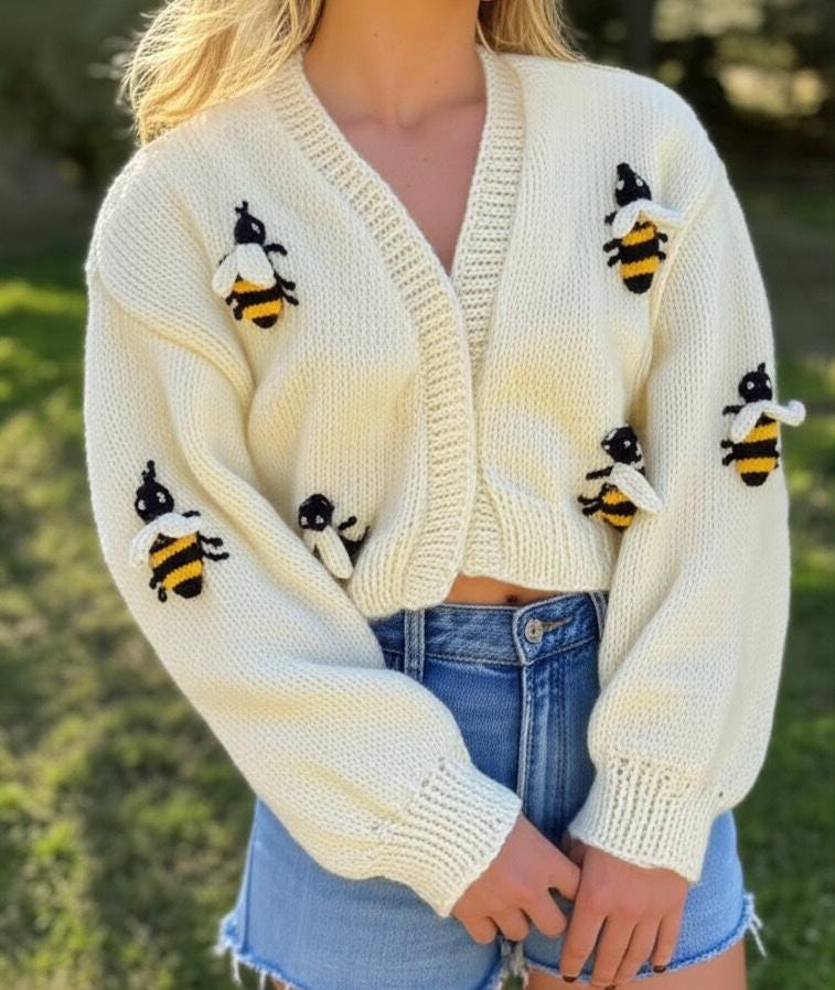 Handmade Bee Cardigan for Women, Chunky Knit Yellow Black Sweater, Oversized Bee Knitwear, Cute Cozy Bumblebee Aesthetic Gift