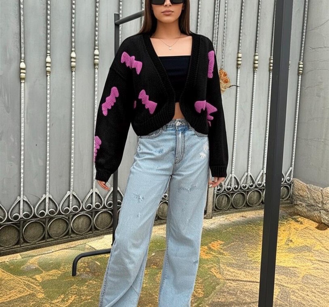 Handmade Crochet Crop Cardigan: Bat Patterned Chunky Sweater - Etsy