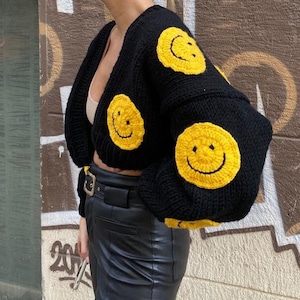 Handmade Smile Face Cardigan,Chunky Knit Smiley Face Cropped Sweater,Crochet Pattern Gift