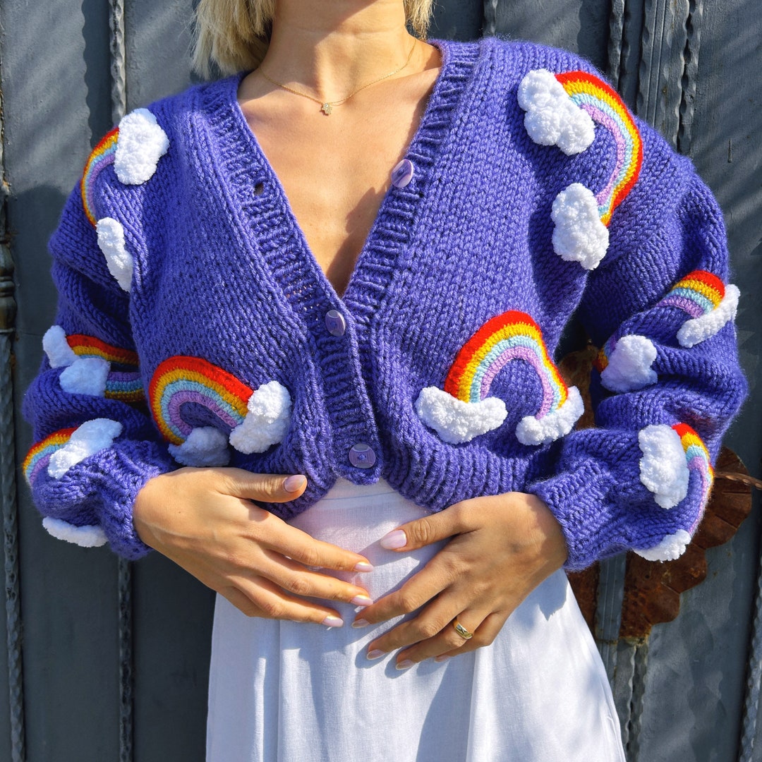 Handmade Knit Rainbow Cardigan for Women,chunky Cropped Cloud