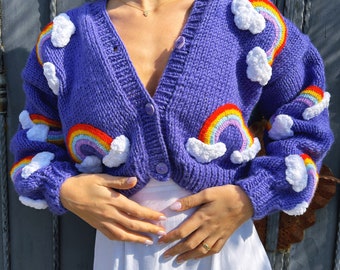 Handmade knit Rainbow Cardigan For Women,Chunky Cropped cloud sweater,Cozy Crochet Jacket