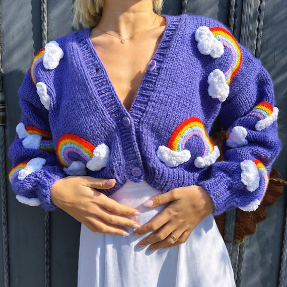 Rainbow cloud Cardigan for Women rainbow Cardigan handmade Rainbow Shaped Cardigan rainbow Chunky Cardigan cropped Knit black Rainbow Sweate Etsy UK