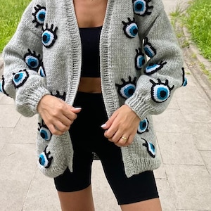 Long Eye Cardigan For Women,Eye Shaped-Pattern,Handmade Knit Cardigan,Eye Evil Crop,Crochet Chunky Sweater,Gifrt,Eye Cardigan