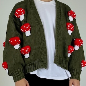 Mushroom Cardigan For Man,Handmade Crop Muhsroom,Knit Crochet Sweater,Soft Mushroom Cardigan,Red Mushroom,Gift For Him,Valentines day gift