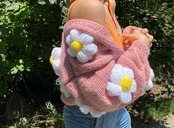 Daisy Cardigan for Women,handmade Knit Flower Sweater,cozy Crochet