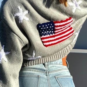 Cardigan American Flag,American Flag Sweater,Crop Crochet Cardigan,Soft Knitted Sweater,Cozy flag Pattern Cardigan,Oversize Gift For Her