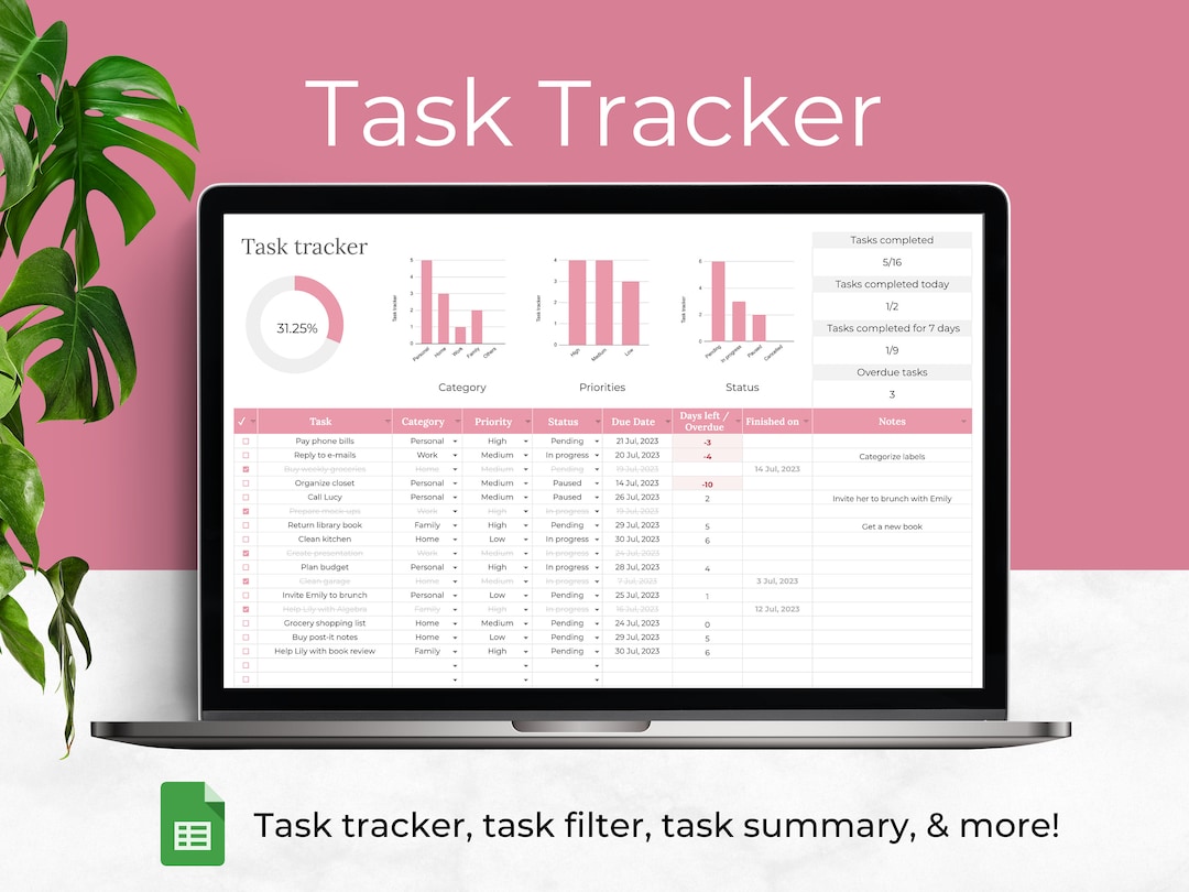 Task Tracker Google Sheets Template Editable to Do Lists Etsy