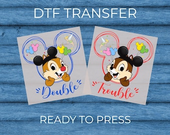Double Trouble Chipmunk DTF Transfer, Ready to Press Cartoon Design decals transfers