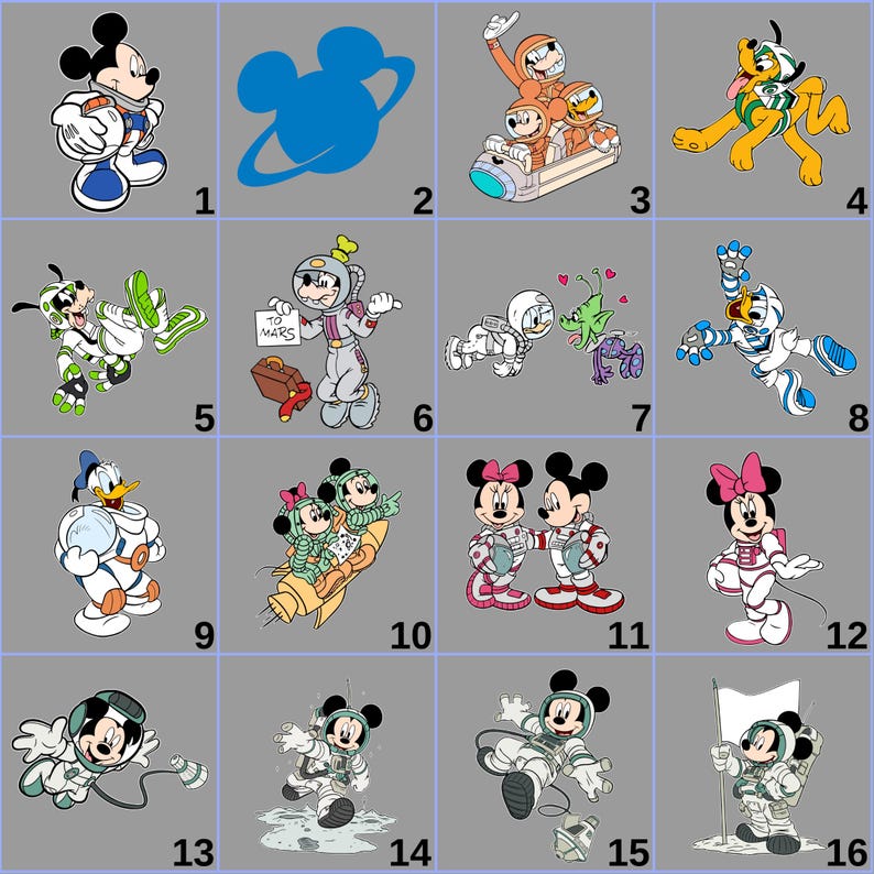Peut inclure: Seize images de dessins anim&eacute;s mettant en sc&egrave;ne des personnages Disney en tenues spatiales. Mickey, Minnie, Donald, Dingo et Pluto sont repr&eacute;sent&eacute;s en combinaisons d'astronaute, avec des fus&eacute;es, des plan&egrave;tes et des &eacute;l&eacute;ments spatiaux.