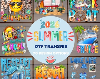 Summer DTF Transfer Bundle 70 Designs, Beach Cruise Vacation PNG Ready Heat Transfers, Retro Summer 2026