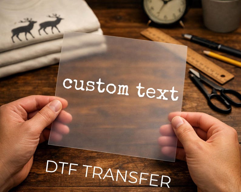 May include: A square, semi-transparent sheet featuring the white text custom text printed in a typewriter-style font. This DTF transfer is held up against a dark wooden surface, with a stack of folded shirts and various office supplies visible in the background.
