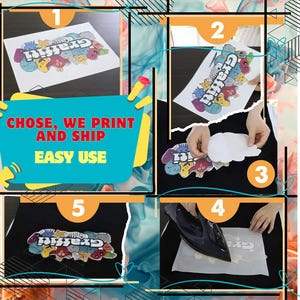 Step by step instructions collage showing how to apply disney dtf heat transfer on apparel