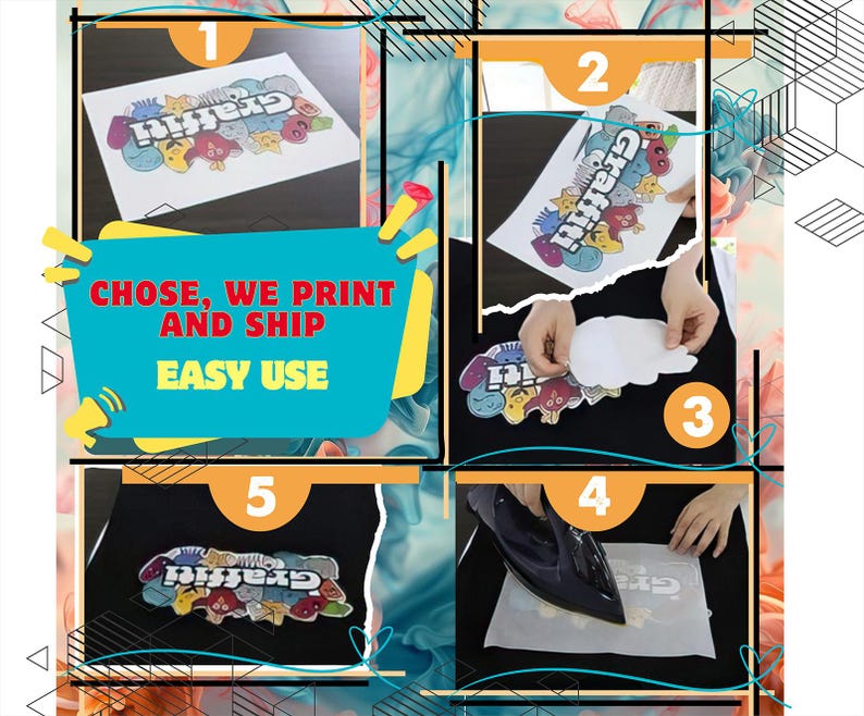 Step by step instructions collage showing how to apply disney dtf heat transfer on apparel