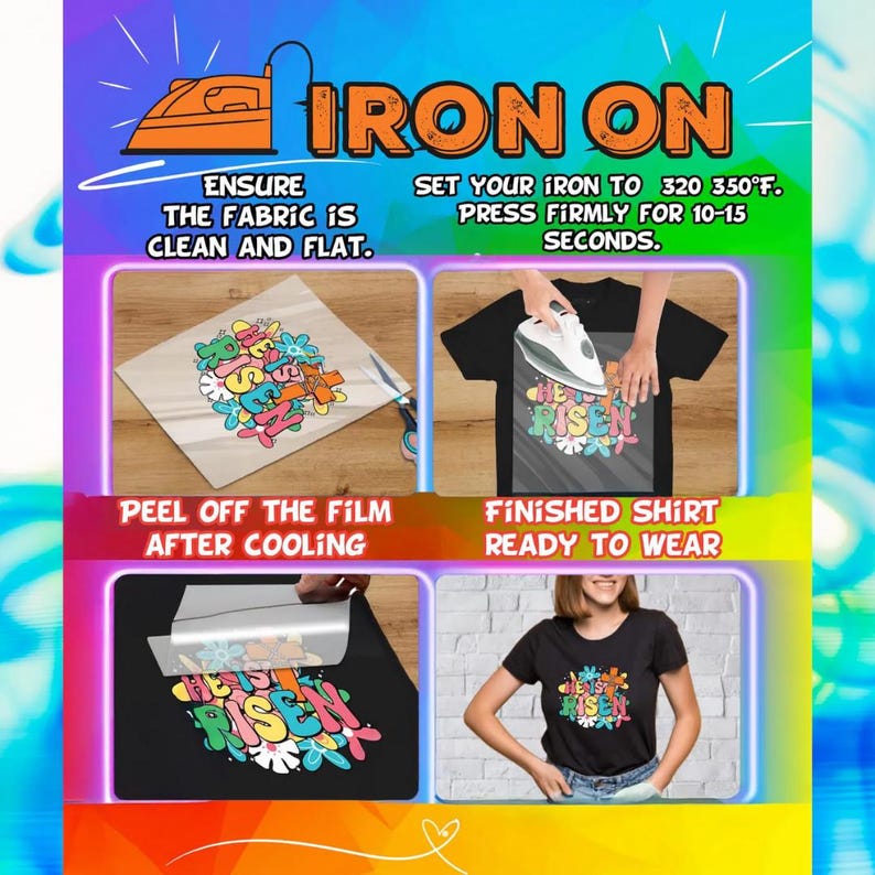 A bold, colorful infographic explains how to apply custom iron-on transfers. The image highlights simplicity, peel steps, and pressing instructions, making it ideal for first-time users and reinforcing ease of use.