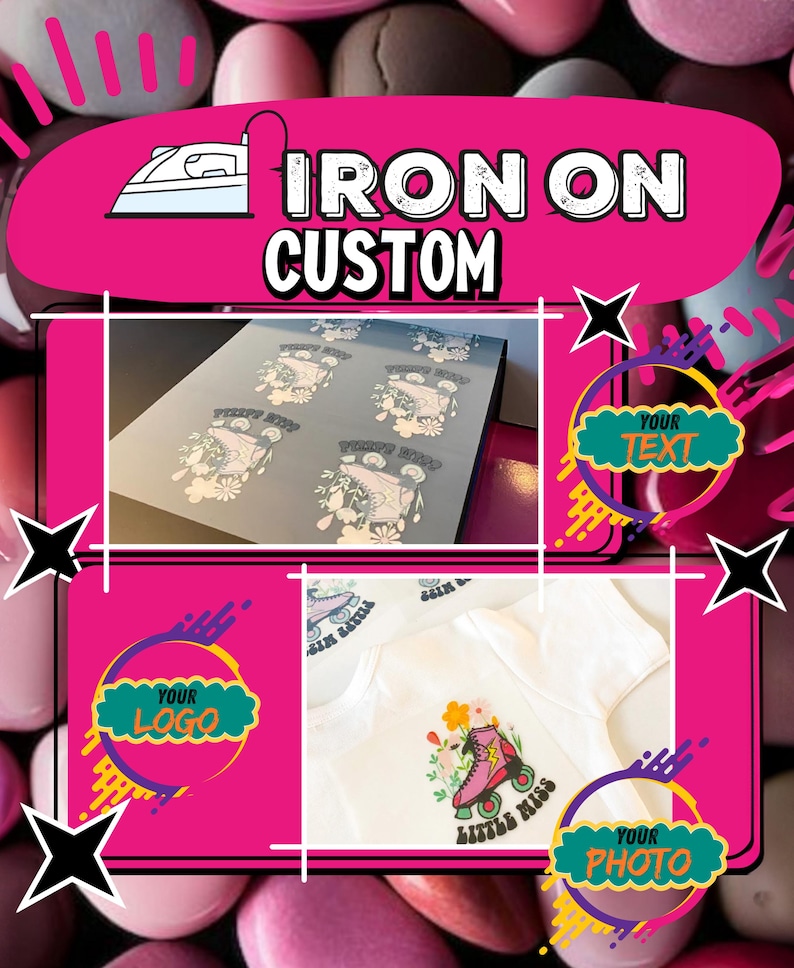 Peut inclure: Image promotionnelle pour les transferts thermocollants personnalis&eacute;s. Elle pr&eacute;sente une ic&ocirc;ne de fer &agrave; repasser blanc et le texte "IRON ON CUSTOM". Des exemples de transferts sont montr&eacute;s sur une feuille et appliqu&eacute;s sur un t-shirt blanc avec un motif de patins &agrave; roulettes.