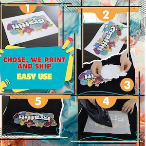 Peut inclure: Une s&eacute;quence d'images montrant l'application d'un motif graffiti color&eacute; sur un t-shirt noir. Le processus comprend l'impression, le pelage et le repassage du motif sur le tissu. L'image comprend &eacute;galement le texte "CHOSE, WE PRINT AND SHIP EASY USE".