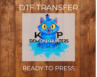 Kpop Demon Derpy Cat DTF Transfer | Blue Kitty Anime Design (Ready To Press)
