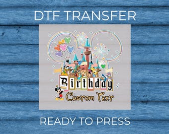 Disney Birthday DTF Transfer, Custom Name Birthday Shirt Design, Mickey Castle Balloons Iron On Transfer, Kids Birthday Shirt,Ready to Press