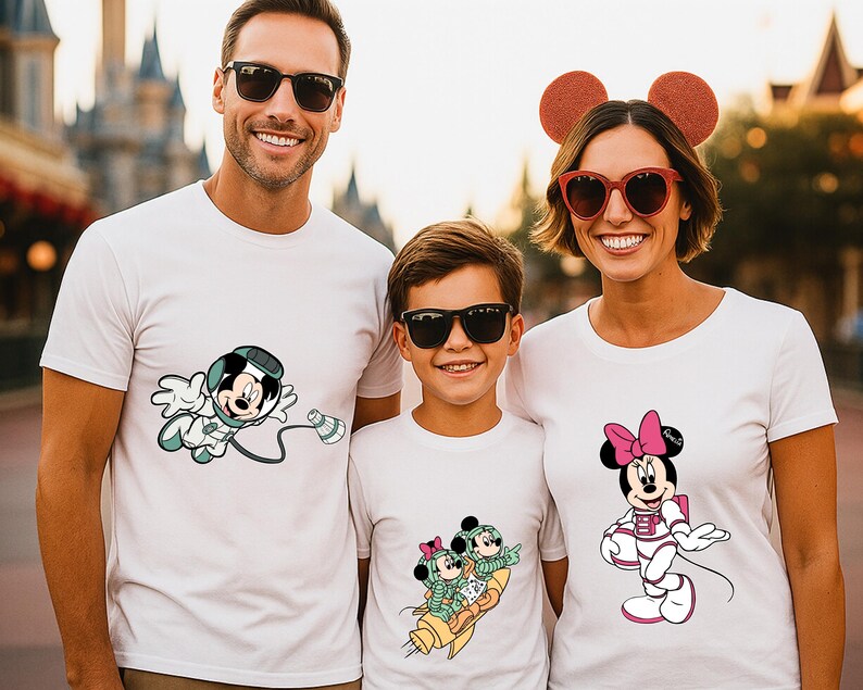 Peut inclure: Trois personnes portant des t-shirts blancs avec des motifs de personnages de dessins anim&eacute;s. Les chemises pr&eacute;sentent Mickey et Minnie Mouse en tenues d'astronaute. La famille sourit et porte des lunettes de soleil, posant &agrave; l'ext&eacute;rieur.