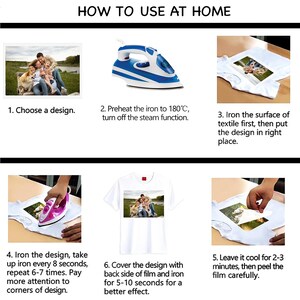 This instructional image shows step-by-step visuals for applying the DTF transfer using a home iron. It reassures buyers that professional equipment is not required and that the process is beginner-friendly, clear, and accessible.