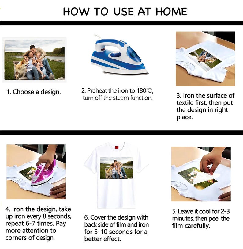 This instructional image shows step-by-step visuals for applying the DTF transfer using a home iron. It reassures buyers that professional equipment is not required and that the process is beginner-friendly, clear, and accessible.
