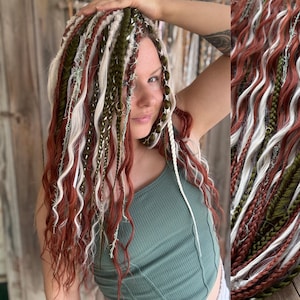 Boho Curly Dreads and Braids Mix Ginger red white Green Hair Set Lightweight Reusable Synthetic Extensions Handmade curly dreadlock 114 ends