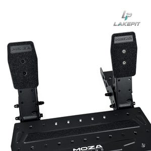 May include: A black metal racing pedal set featuring two upright pedals with textured surfaces and the MOZA logo embossed on each. The base plate includes a horizontal strip of grip tape and the MOZA RACING logo printed in white text at the bottom.