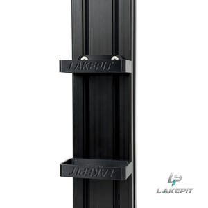 May include: A black vertical aluminum extrusion profile featuring two attached black plastic brackets. Each bracket is embossed with the text LAKEPIT and is secured to the central channel of the extrusion with two visible silver metal screws.