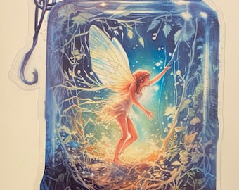 Large fairy in a jar sticker.  Made from hard wearing laminated clear vinyl sticker sheet.