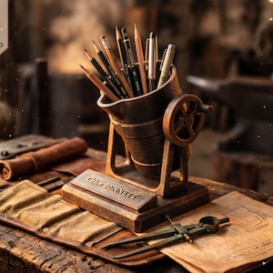 May include: A brown, metallic, industrial-style pencil holder shaped like a tilting foundry ladle, mounted on a rectangular base with the name CHLOE BENNETT engraved on the front. It contains various pencils and pens, with a metal compass nearby.