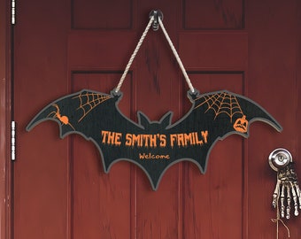 Halloween Bat Hanging Door Sign, Custom Family Name Sign, Halloween Sign Decor, Wood Bat Sign, Custom Halloween Decor, Welcome Sign