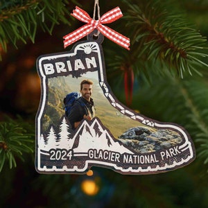 Customized Hiking Boots Photo Ornament, Customized Adventure Ornament, Hiker Photo Ornament, Christmas Hiking Photo Ornament