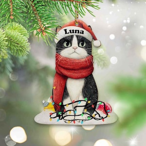 Christmas Tuxedo Cat Ornament, Personalized Name Cat Ornament, Christmas Cat Ornament, Pet Lovers Gift