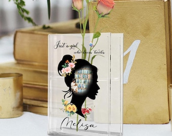 Personalized Name Book Girl Acrylic Vase, Just A Girl Who Loves Books Vase, Acrylic Book Vase For Book Lover, Custom Book Vase for Reader
