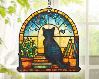 Black Cat And Books In Window Suncatcher, Black Cat Suncatcher, Cat Suncatcher, Cat Lovers Gift, Home Decor