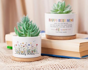 Customized Name Retirement Ceramic Plant Pot, Floral Retirement Plant Pot, Happy Retirement 2025, Thank You Teacher Gift, Coworker Gift