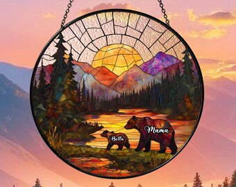 Personalized Mama Bear Glass Suncatcher, Mama Bear And Kid Window Hanger, Mother's Day Gifts, Mom Birthday Gifts, Bear Lover Gift, Mom Gifts