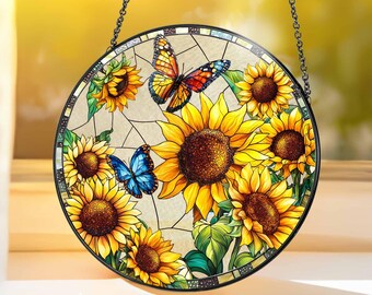 Sunflower Glass Suncatcher, Sunflower Glass Art, Flower & Butterfly Window Hangings, Sunflower Suncatcher, Gift For Her, Birthday Gifts